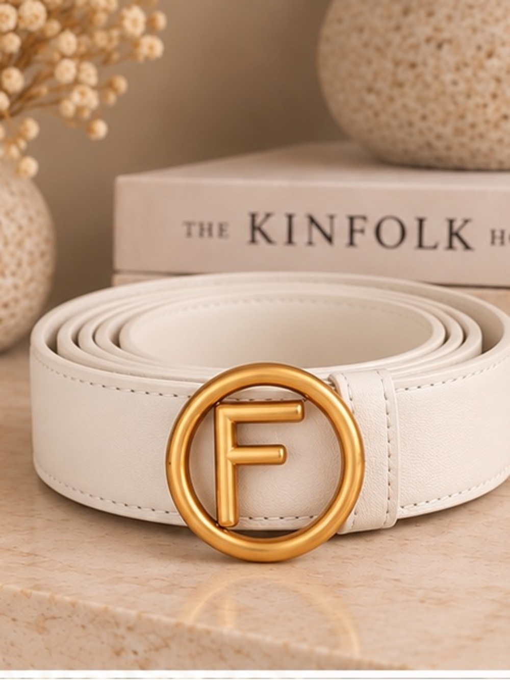 White Designer Inspired Logo Belt Gold Tone Buckle